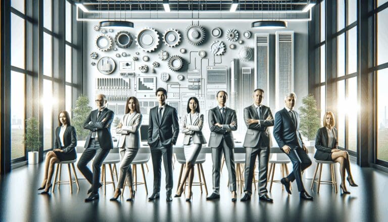 Emprendedores y funcionarios reunidos en una sala de innovación con tecnologías limpias de fondo.