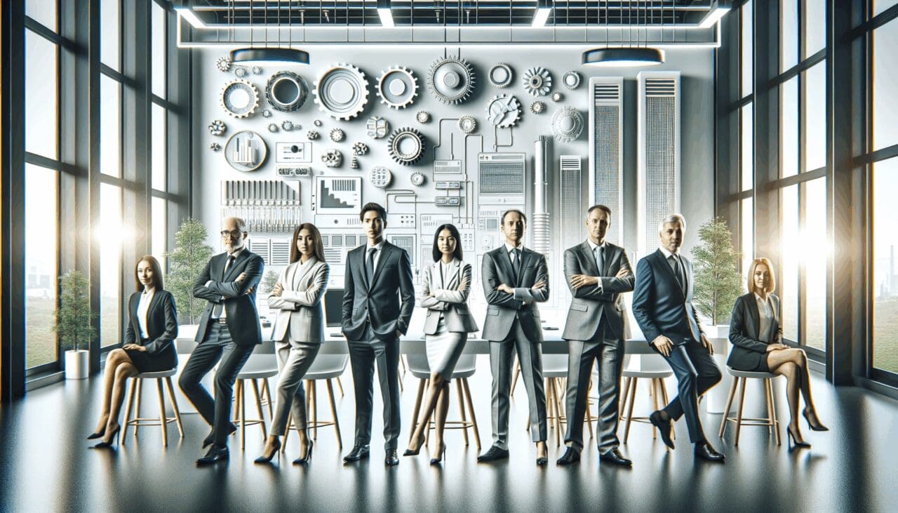 Emprendedores y funcionarios reunidos en una sala de innovación con tecnologías limpias de fondo.