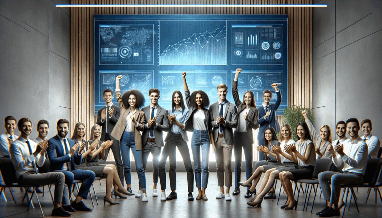 Equipo joven de emprendedores celebrando en un auditorio moderno, pantallas de fondo con gráficos tecnológicos.