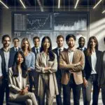 Retrato editorial de un equipo emprendedor frente a pantallas mostrando gráficos financieros en un entorno de oficina moderna.