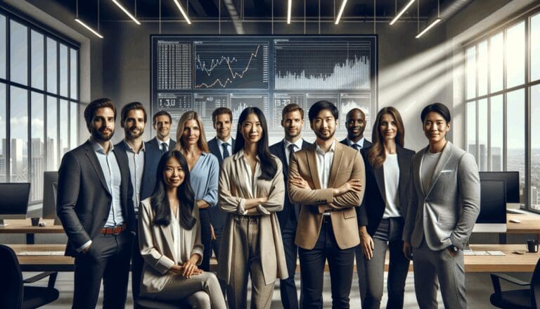 Retrato editorial de un equipo emprendedor frente a pantallas mostrando gráficos financieros en un entorno de oficina moderna.