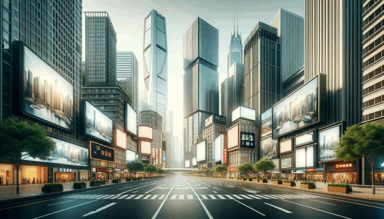 Ciudad moderna con rascacielos y paneles publicitarios digitales en calles concurridas