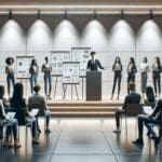 Jóvenes emprendedores presentando sus proyectos en un moderno auditorio tecnológico iluminado.