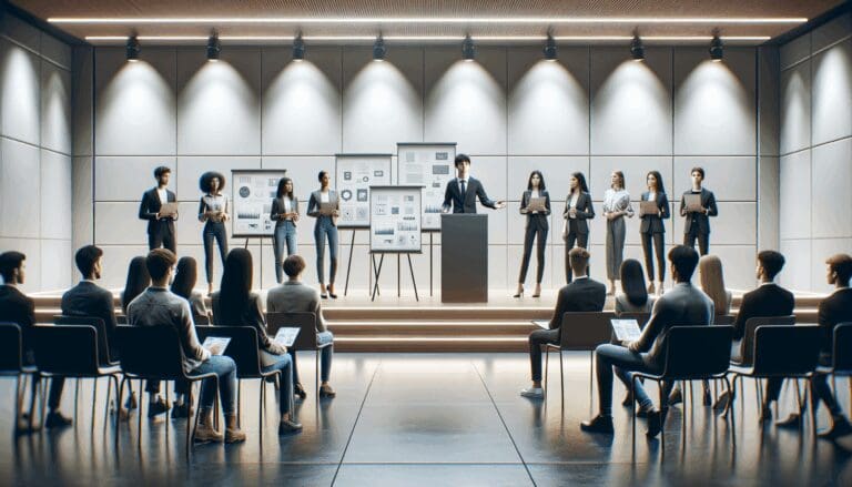 Jóvenes emprendedores presentando sus proyectos en un moderno auditorio tecnológico iluminado.