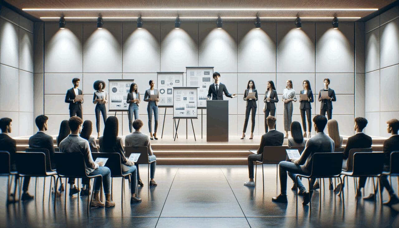 Jóvenes emprendedores presentando sus proyectos en un moderno auditorio tecnológico iluminado.
