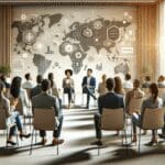 Grupo diverso de emprendedores dialogando en un auditorio moderno y luminoso, con fondo tecnológico.