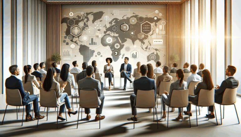 Grupo diverso de emprendedores dialogando en un auditorio moderno y luminoso, con fondo tecnológico.