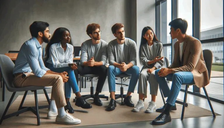 Jóvenes emprendedores discutiendo ideas en un espacio de coworking moderno.