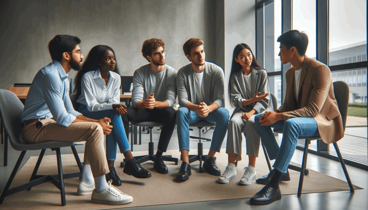 Jóvenes emprendedores discutiendo ideas en un espacio de coworking moderno.