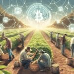 Grupo de personas trabajando en una plantación de yerba mate, con una superposición gráfica de cadenas de bloques digitalizadas.