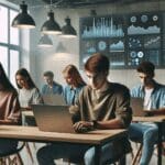 Jóvenes utilizando computadoras portátiles en un espacio moderno de coworking, con pantallas mostrando gráficos de datos.