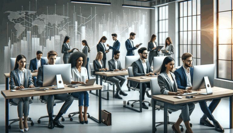 Oficina moderna con jóvenes emprendedores revisando computadoras, símbolo de tecnología financiera.