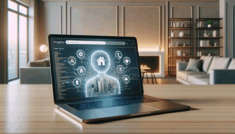 Primer plano de una laptop mostrando un buscador de inmuebles, con íconos de inteligencia artificial y un ambiente moderno.