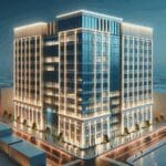 Vista de un edificio moderno de oficinas con luces de neón.