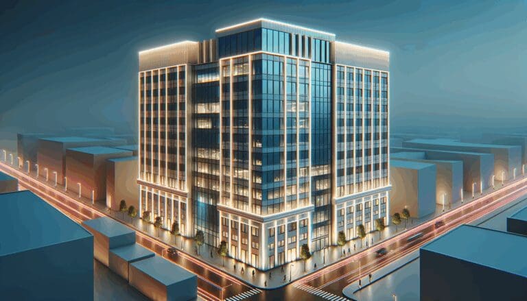 Vista de un edificio moderno de oficinas con luces de neón.