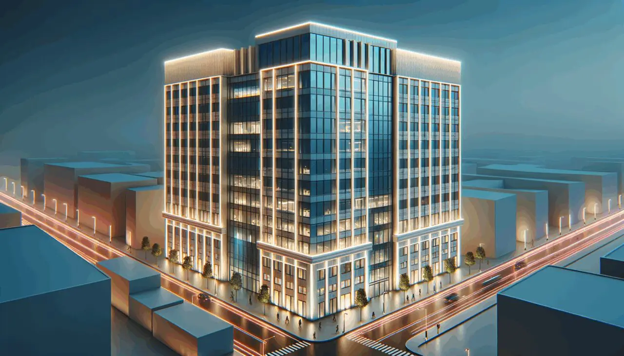 Vista de un edificio moderno de oficinas con luces de neón.