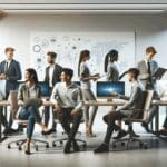 Personas jóvenes colaborando en una oficina moderna, rodeados de computadoras y pizarras digitales.