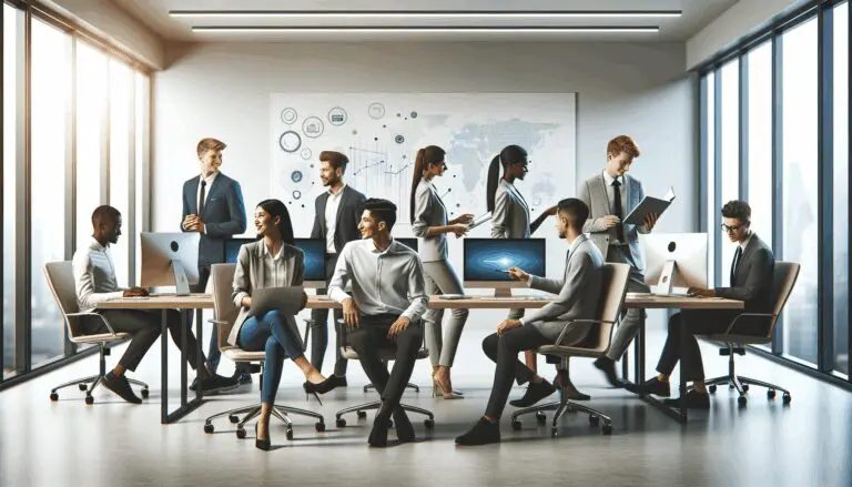 Personas jóvenes colaborando en una oficina moderna, rodeados de computadoras y pizarras digitales.