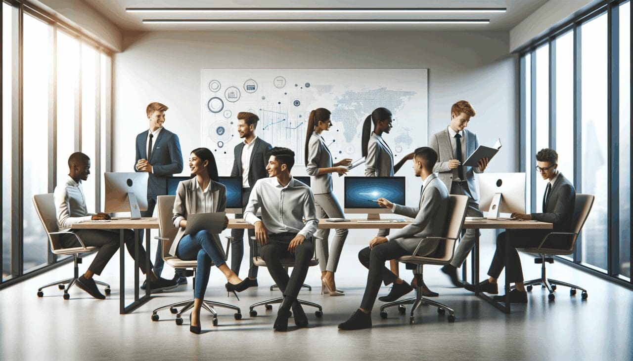 Personas jóvenes colaborando en una oficina moderna, rodeados de computadoras y pizarras digitales.