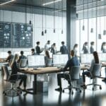 Oficina moderna con equipos de desarrollo colaborando frente a grandes pantallas y pizarras digitales.