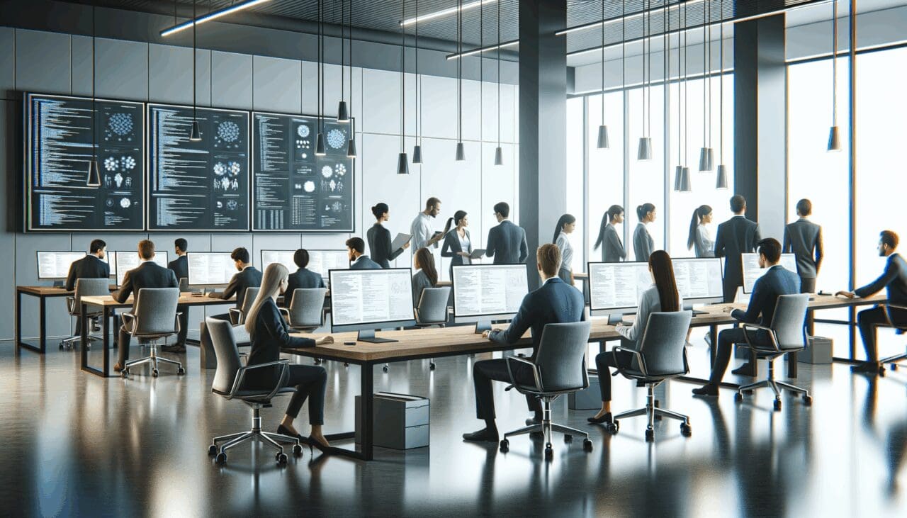 Oficina moderna con equipos de desarrollo colaborando frente a grandes pantallas y pizarras digitales.