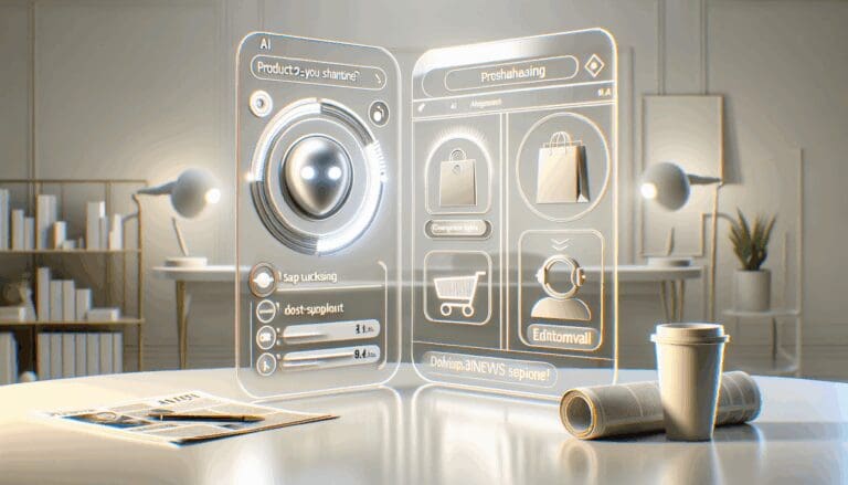 Interfaz limpia de un chatbot AI mostrando opciones de productos para comprar, fondo claro y ambiente moderno.