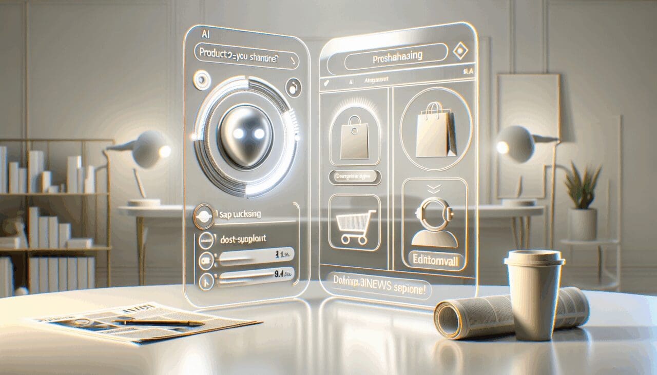 Interfaz limpia de un chatbot AI mostrando opciones de productos para comprar, fondo claro y ambiente moderno.