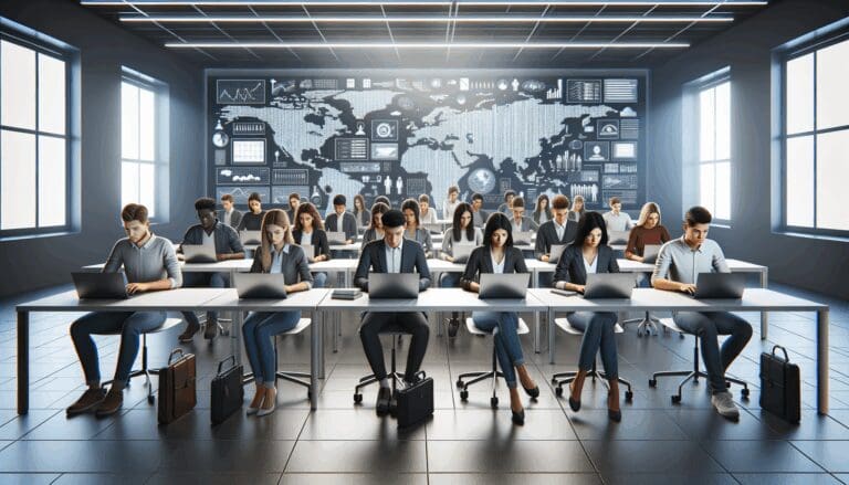 Estudiantes usando laptops en un aula moderna, rodeados de pantallas digitales y ambiente tecnológico.