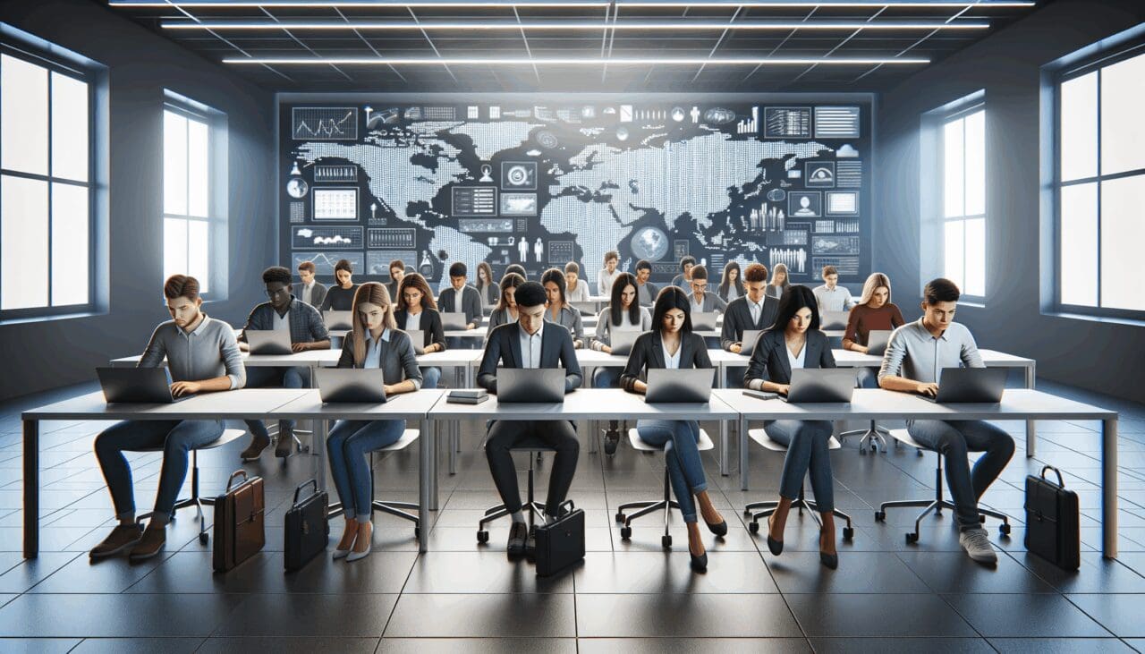 Estudiantes usando laptops en un aula moderna, rodeados de pantallas digitales y ambiente tecnológico.