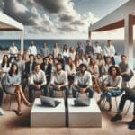 Jóvenes emprendedores reunidos en una terraza moderna frente al mar en la Riviera Maya, rodeados de laptops y ambiente de networking.