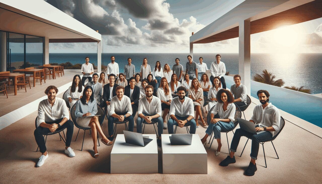 Jóvenes emprendedores reunidos en una terraza moderna frente al mar en la Riviera Maya, rodeados de laptops y ambiente de networking.