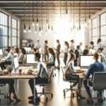 Oficina moderna y luminosa con jóvenes emprendedores colaborando frente a computadoras.