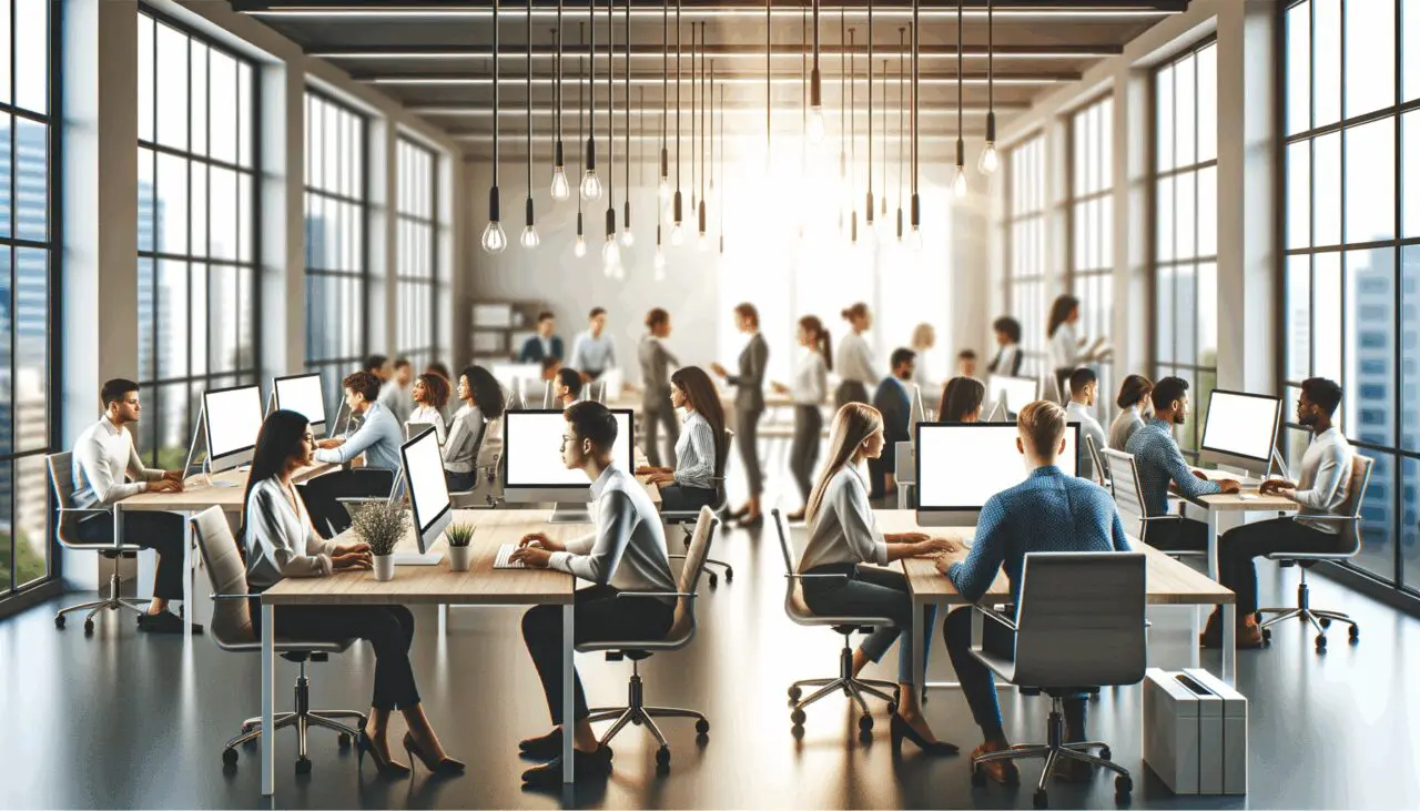 Oficina moderna y luminosa con jóvenes emprendedores colaborando frente a computadoras.