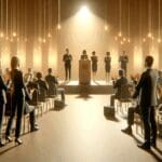 Fotografía de un evento de premiación empresarial con luces cálidas y asistentes celebrando.