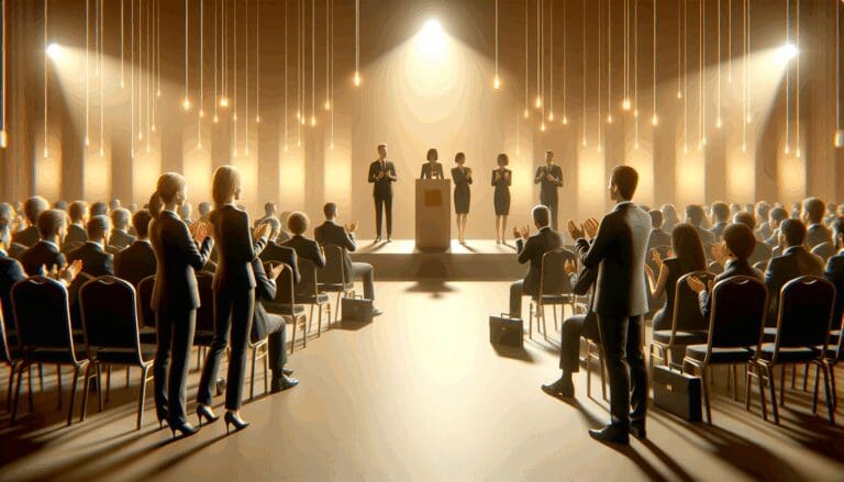 Fotografía de un evento de premiación empresarial con luces cálidas y asistentes celebrando.