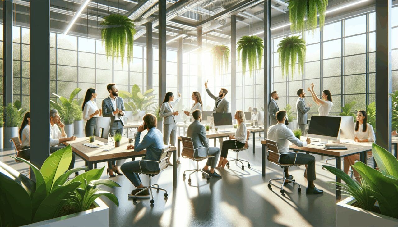 Interior luminoso de una oficina moderna donde un equipo diverso discute ideas sostenibles rodeado de plantas y computadoras.