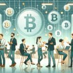 Ilustración de empresarios jóvenes conversando en una oficina moderna, con símbolos de criptomoneda flotando en el fondo.