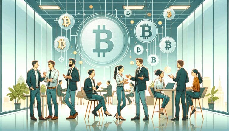 Ilustración de empresarios jóvenes conversando en una oficina moderna, con símbolos de criptomoneda flotando en el fondo.