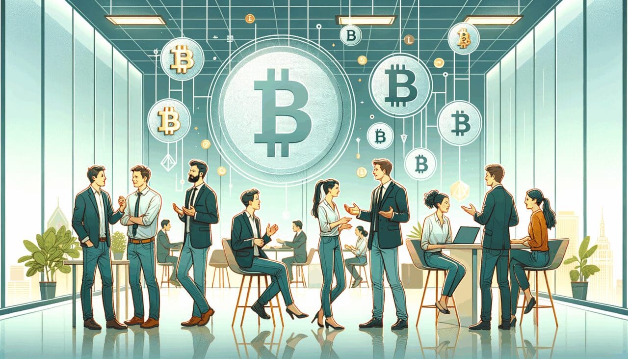 Ilustración de empresarios jóvenes conversando en una oficina moderna, con símbolos de criptomoneda flotando en el fondo.