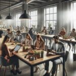 Personas interactuando en un espacio moderno de coworking, con tablets y alimentos frescos sobre mesas largas.