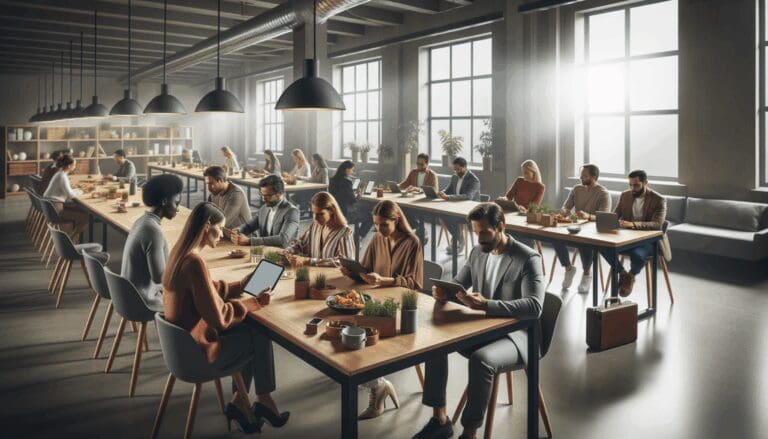 Personas interactuando en un espacio moderno de coworking, con tablets y alimentos frescos sobre mesas largas.