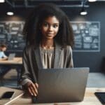 Joven emprendedora en un moderno espacio de coworking tecnológico, foco en laptops y pizarras digitales.