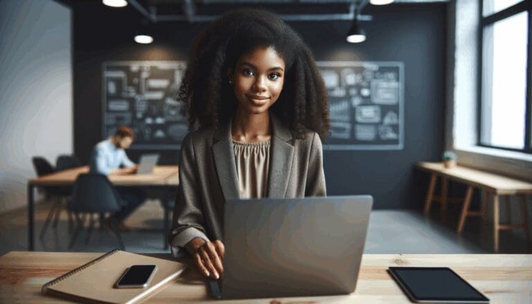 Joven emprendedora en un moderno espacio de coworking tecnológico, foco en laptops y pizarras digitales.