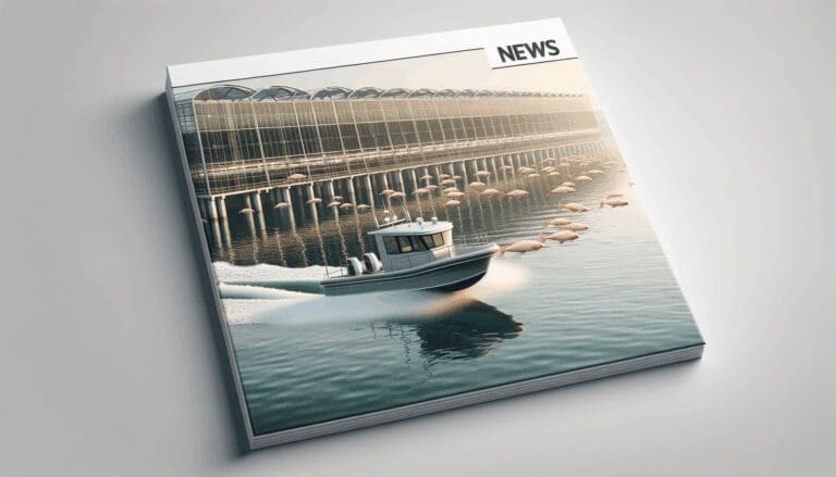 Embarcación eléctrica navegando en aguas tranquilas junto a un centro de cultivo acuícola moderno.