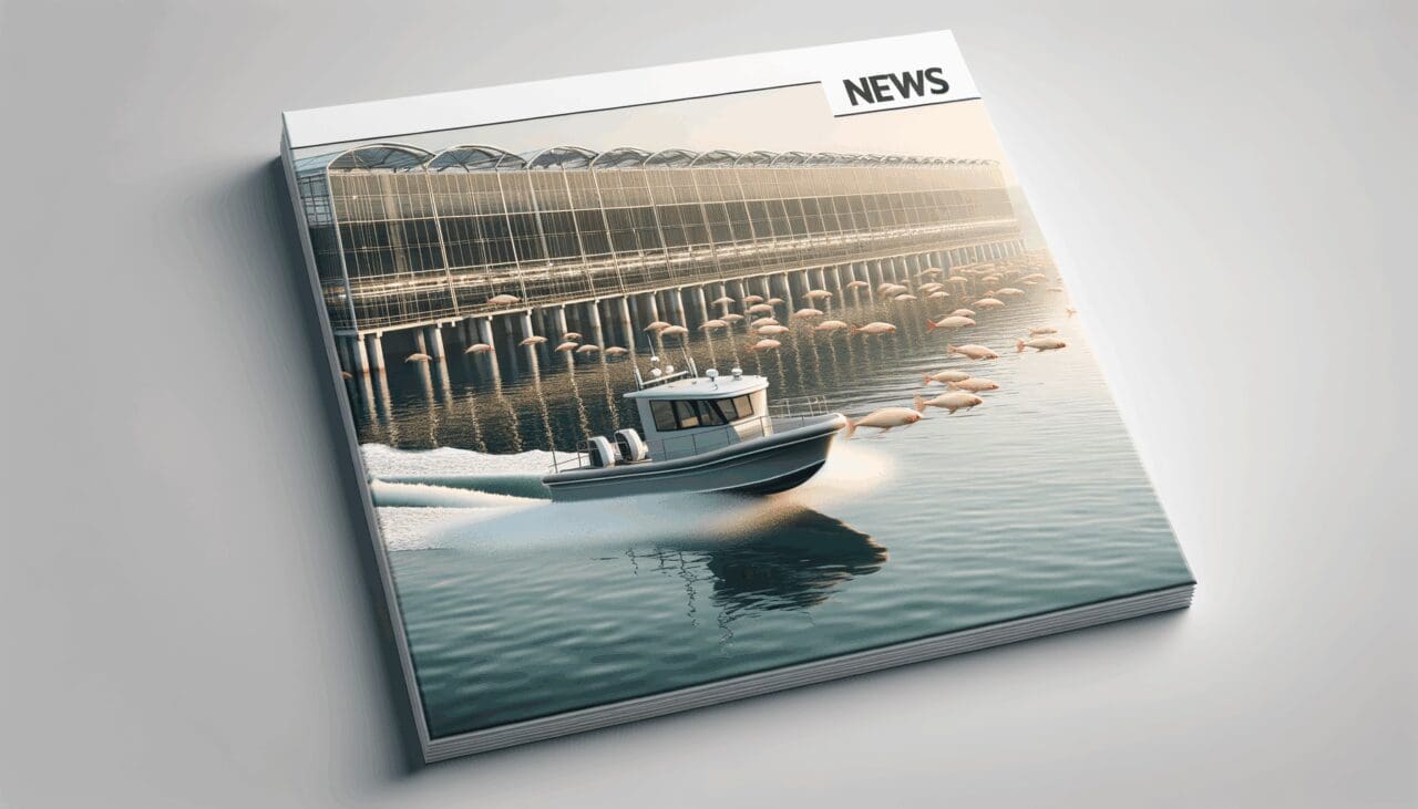 Embarcación eléctrica navegando en aguas tranquilas junto a un centro de cultivo acuícola moderno.