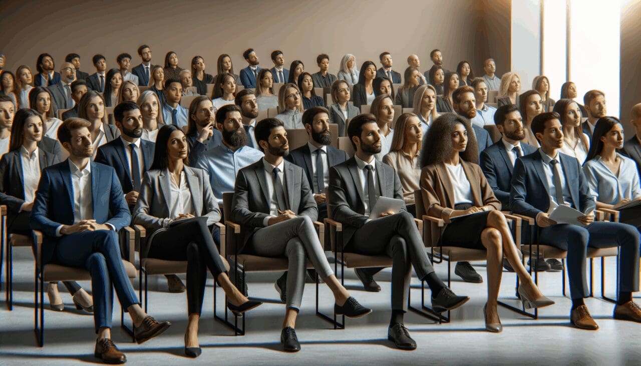 Grupo diverso de emprendedores en un auditorio, atentos a una presentación tecnológica.