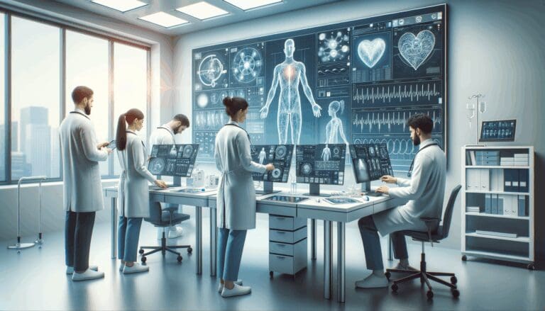 Equipo de tecnología médica trabajando en una clínica moderna