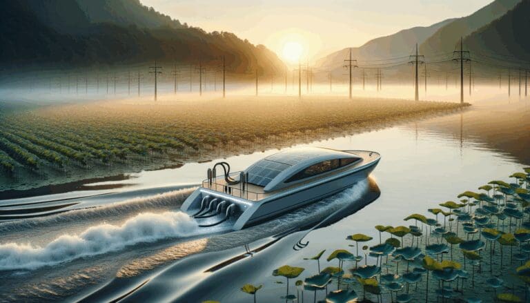 Barco eléctrico navegando en un entorno acuícola sostenible al amanecer
