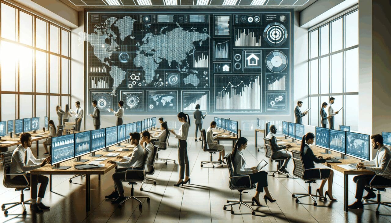 Oficina moderna con equipos de trabajo analizando gráficos digitales y pantallas con datos en ambiente tecnológico.