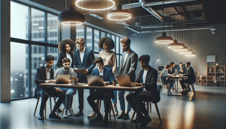 Equipo de jóvenes emprendedores desarrollando ideas en un moderno espacio de coworking latinoamericano.